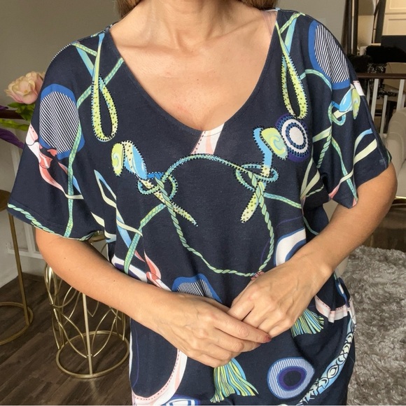 Rinatti Collection Navy Blue Printed Oversized V Neck Relaxed Fit Viscose Top 3L - Picture 3 of 10